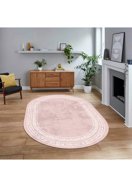 Dijital Kaymaz Yıkanabilir Oval Iskandinav Desen Yolluk Salon Halısı, V-O-Iskandinav-30-Pembe,