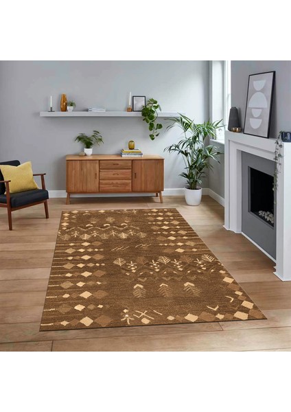 Dijital Baskılı Kaymaz Yıkanabilir Iskandinav Desen Yolluk Salon Halısı, V-Iskandinav-24-Kahve,