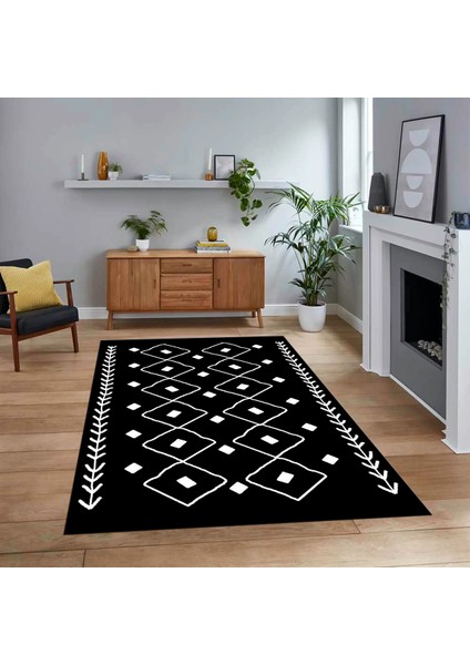 Dijital Baskılı Kaymaz Yıkanabilir Iskandinav Desen Yolluk Salon Halısı, V-Iskandinav-25-Siyah,