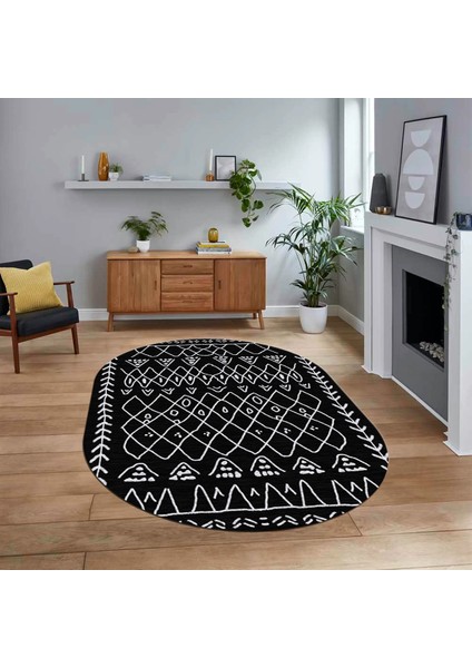 Dijital Kaymaz Yıkanabilir Oval Iskandinav Desen Yolluk Salon Halısı, V-O-Iskandinav-19-Antrasit,