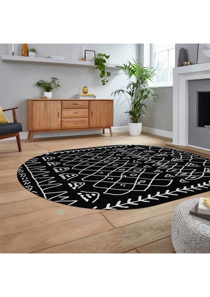 Dijital Kaymaz Yıkanabilir Oval Iskandinav Desen Yolluk Salon Halısı, V-O-Iskandinav-19-Antrasit,