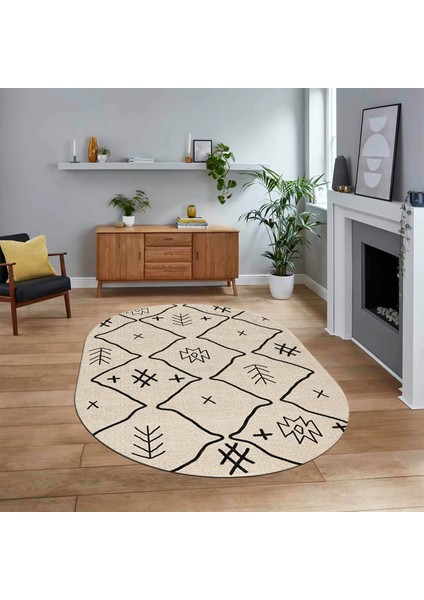 Dijital Kaymaz Yıkanabilir Oval Iskandinav Desen Yolluk Salon Halısı, V-O-Iskandinav-04-Krem,