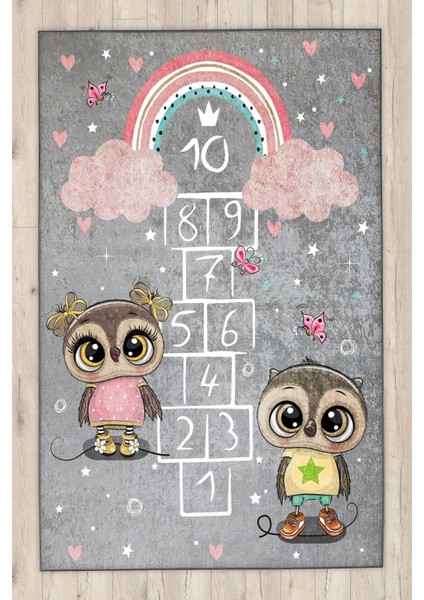 Gökkuşağı Baykuşlu Seksekli Çocuk Oyun Halısı