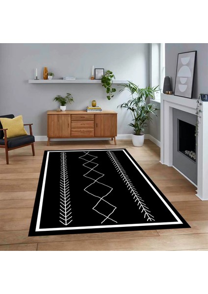 Dijital Baskılı Kaymaz Yıkanabilir Iskandinav Desen Yolluk Salon Halısı, V-Iskandinav-01-Siyah,