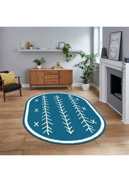 Dijital Kaymaz Yıkanabilir Oval Iskandinav Desen Yolluk Salon Halısı, V-O-Iskandinav-07-Mavi,
