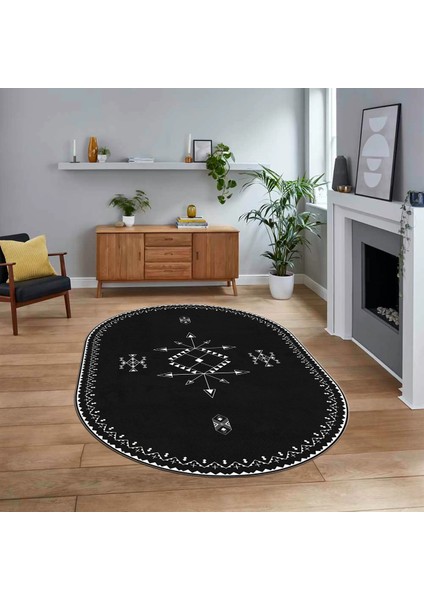 Dijital Kaymaz Yıkanabilir Oval Iskandinav Desen Yolluk Salon Halısı, V-O-Iskandinav-08-Antrasit,