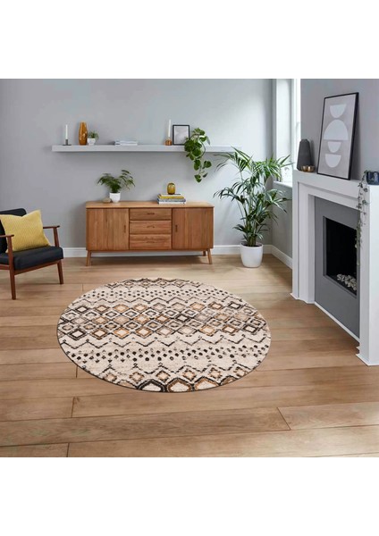 Dijital Kaymaz Yıkanabilir Yuvarlak Iskandinav Desen Salon Halısı, V-Y-Iskandinav-22-Kahve,
