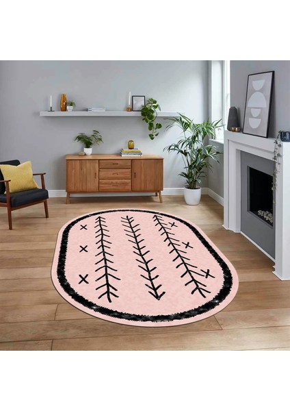 Dijital Kaymaz Yıkanabilir Oval Iskandinav Desen Yolluk Salon Halısı, V-O-Iskandinav-07-Pembe,