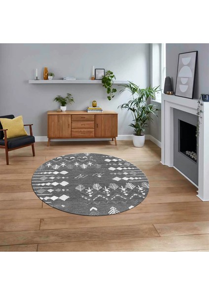 Dijital Kaymaz Yıkanabilir Yuvarlak Iskandinav Desen Salon Halısı, V-Y-Iskandinav-24-Gri,