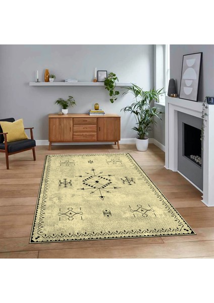 Dijital Baskılı Kaymaz Yıkanabilir Iskandinav Desen Yolluk Salon Halısı, V-Iskandinav-08-Krem,