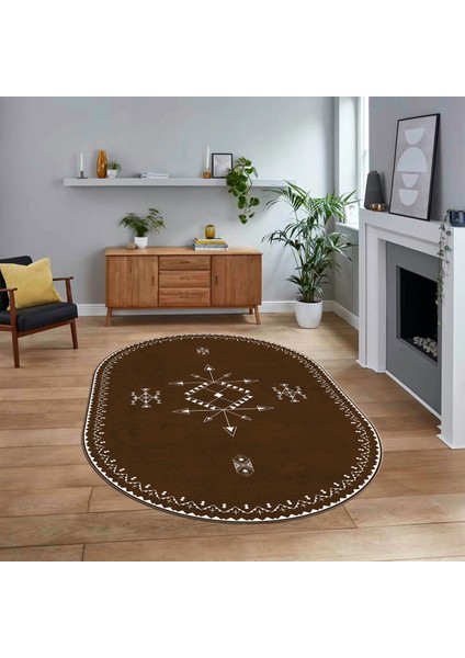 Dijital Kaymaz Yıkanabilir Oval Iskandinav Desen Yolluk Salon Halısı, V-O-Iskandinav-08-Kahve,