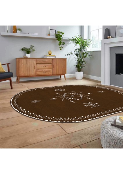 Dijital Kaymaz Yıkanabilir Oval Iskandinav Desen Yolluk Salon Halısı, V-O-Iskandinav-08-Kahve, fiyatları