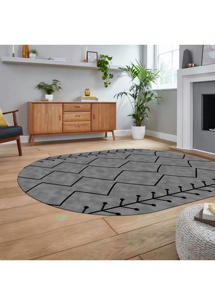 Dijital Kaymaz Yıkanabilir Oval Iskandinav Desen Yolluk Salon Halısı, V-O-Iskandinav-06-Gri,