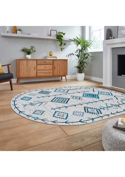 Dijital Kaymaz Yıkanabilir Oval Iskandinav Desen Yolluk Salon Halısı, V-O-Iskandinav-11-Turkuaz,