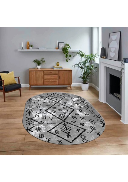 Dijital Kaymaz Yıkanabilir Oval Iskandinav Desen Yolluk Salon Halısı, V-O-Iskandinav-16-Gri,