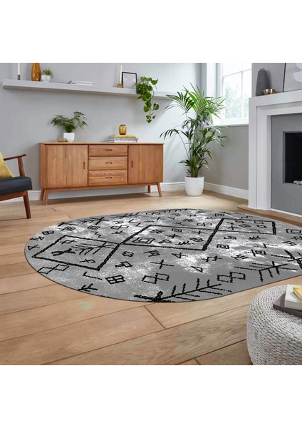 Dijital Kaymaz Yıkanabilir Oval Iskandinav Desen Yolluk Salon Halısı, V-O-Iskandinav-16-Gri,