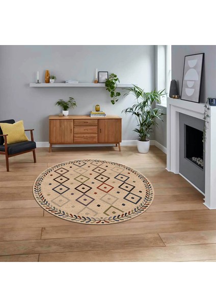 Dijital Kaymaz Yıkanabilir Yuvarlak Iskandinav Desen Salon Halısı, V-Y-Iskandinav-21-Bej,