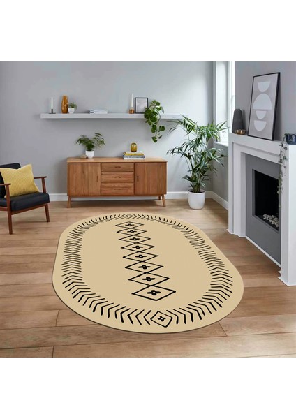 Dijital Kaymaz Yıkanabilir Oval Iskandinav Desen Yolluk Salon Halısı, V-O-Iskandinav-03-Krem,