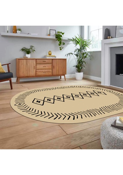 Dijital Kaymaz Yıkanabilir Oval Iskandinav Desen Yolluk Salon Halısı, V-O-Iskandinav-03-Krem,