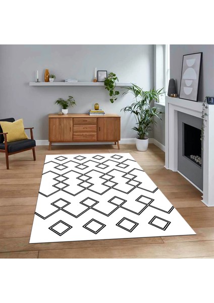 Dijital Baskılı Kaymaz Yıkanabilir Iskandinav Desen Yolluk Salon Halısı, V-Iskandinav-05-Beyaz,