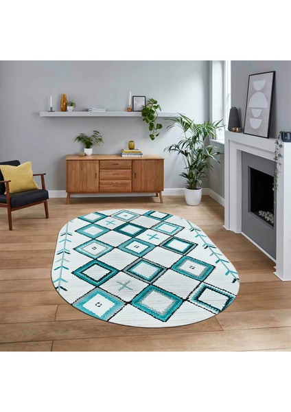 Dijital Kaymaz Yıkanabilir Oval Iskandinav Desen Yolluk Salon Halısı, V-O-Iskandinav-12-Mavi,