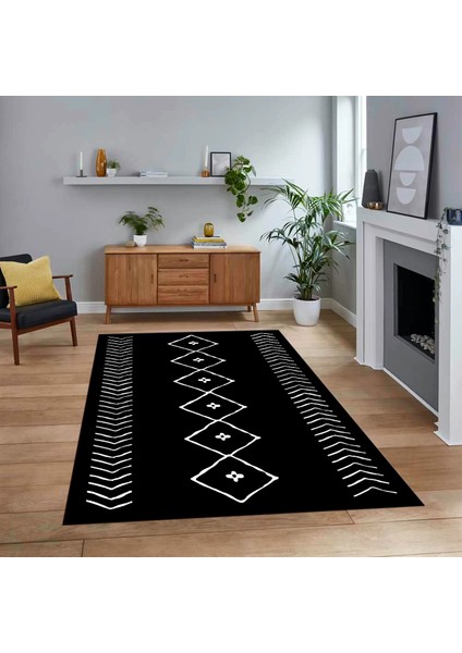 Dijital Baskılı Kaymaz Yıkanabilir Iskandinav Desen Yolluk Salon Halısı, V-Iskandinav-02-Siyah,