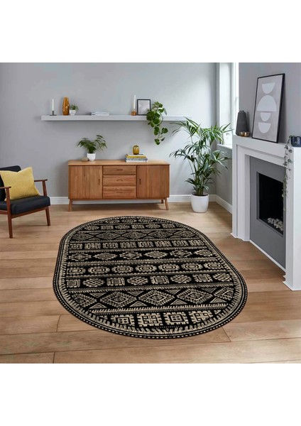 Dijital Kaymaz Yıkanabilir Oval Iskandinav Desen Yolluk Salon Halısı, V-O-Iskandinav-23-Siyah,