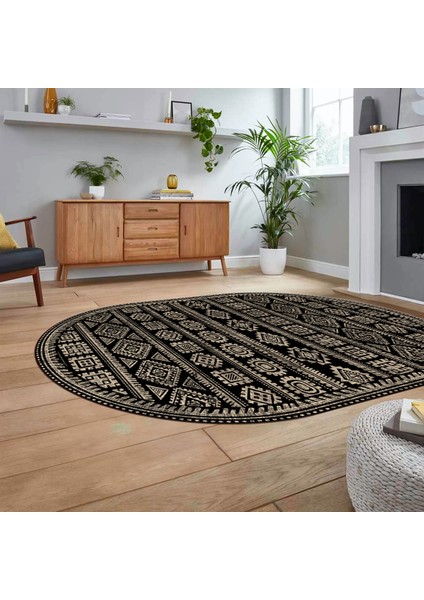 Dijital Kaymaz Yıkanabilir Oval Iskandinav Desen Yolluk Salon Halısı, V-O-Iskandinav-23-Siyah,