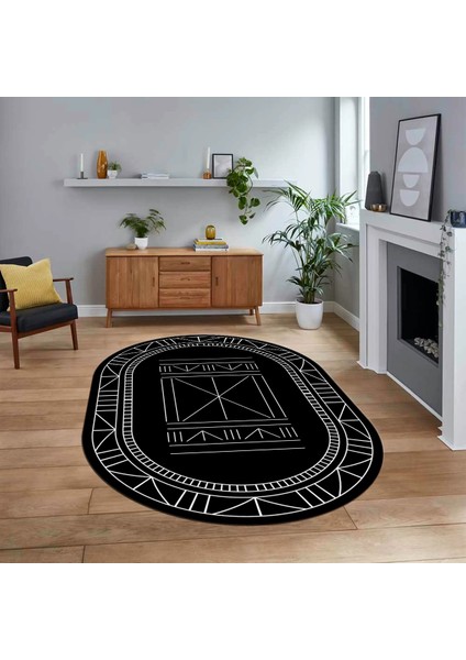 Dijital Kaymaz Yıkanabilir Oval Iskandinav Desen Yolluk Salon Halısı, V-O-Iskandinav-09-Siyah,