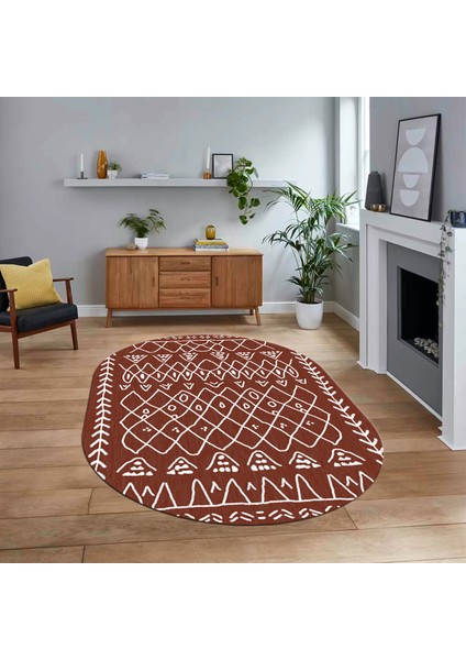 Dijital Kaymaz Yıkanabilir Oval Iskandinav Desen Yolluk Salon Halısı, V-O-Iskandinav-19-Kahve,