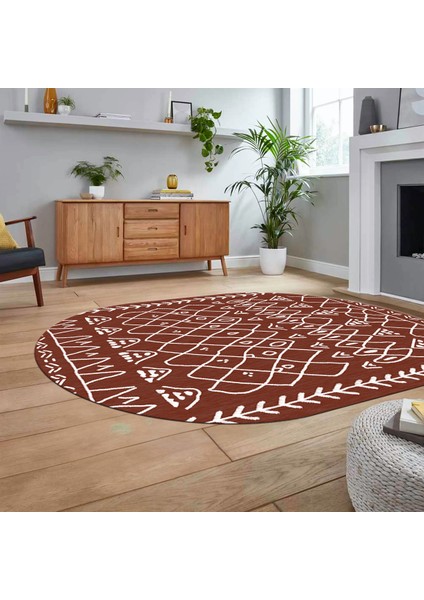 Dijital Kaymaz Yıkanabilir Oval Iskandinav Desen Yolluk Salon Halısı, V-O-Iskandinav-19-Kahve,
