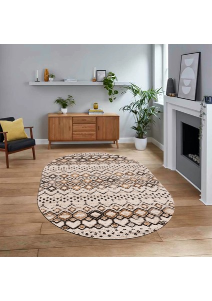 Dijital Kaymaz Yıkanabilir Oval Iskandinav Desen Yolluk Salon Halısı, V-O-Iskandinav-22-Kahve,