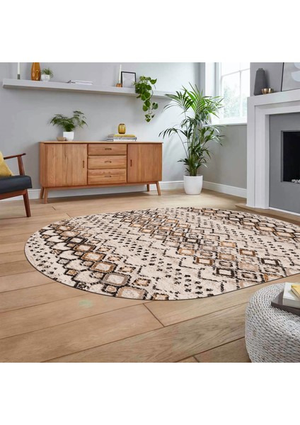 Dijital Kaymaz Yıkanabilir Oval Iskandinav Desen Yolluk Salon Halısı, V-O-Iskandinav-22-Kahve,