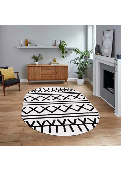 Dijital Kaymaz Yıkanabilir Oval Iskandinav Desen Yolluk Salon Halısı, V-O-Iskandinav-28-Beyaz,