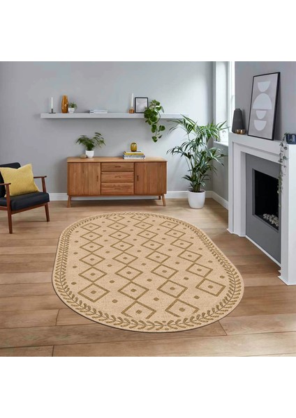 Dijital Kaymaz Yıkanabilir Oval Iskandinav Desen Yolluk Salon Halısı, V-O-Iskandinav-21-Kahve,