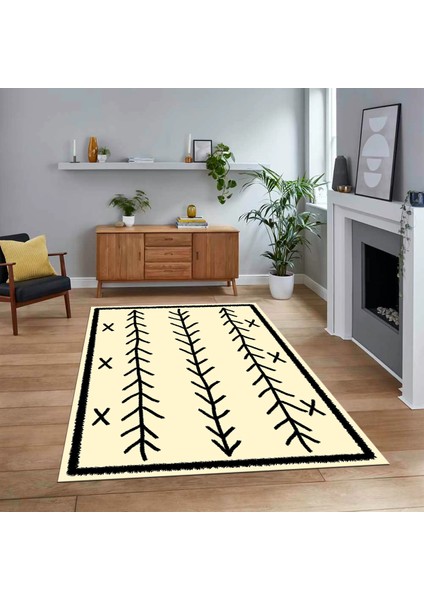 Dijital Baskılı Kaymaz Yıkanabilir Iskandinav Desen Yolluk Salon Halısı, V-Iskandinav-07-Krem,