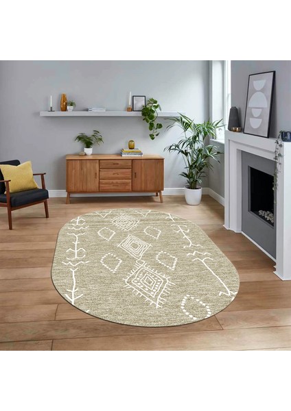 Dijital Kaymaz Yıkanabilir Oval Iskandinav Desen Yolluk Salon Halısı, V-O-Iskandinav-26-Krem,