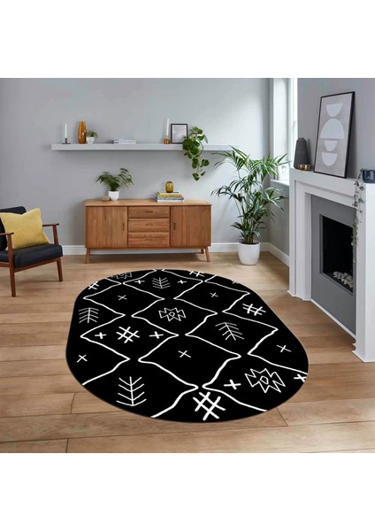 Dijital Kaymaz Yıkanabilir Oval Iskandinav Desen Yolluk Salon Halısı, V-O-Iskandinav-04-Siyah,