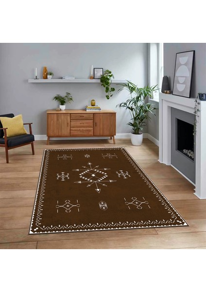 Dijital Baskılı Kaymaz Yıkanabilir Iskandinav Desen Yolluk Salon Halısı, V-Iskandinav-08-Kahve,