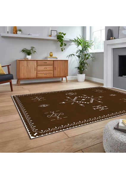 Dijital Baskılı Kaymaz Yıkanabilir Iskandinav Desen Yolluk Salon Halısı, V-Iskandinav-08-Kahve,