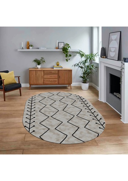 Dijital Kaymaz Yıkanabilir Oval Iskandinav Desen Yolluk Salon Halısı, V-O-Iskandinav-06-Vizon,