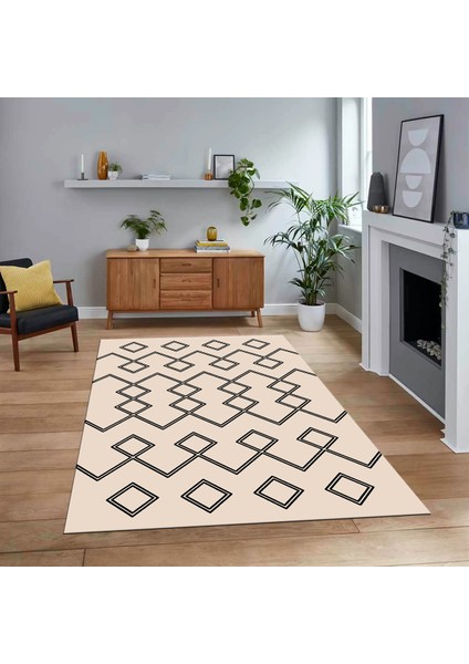 Dijital Baskılı Kaymaz Yıkanabilir Iskandinav Desen Yolluk Salon Halısı, V-Iskandinav-05-Krem,