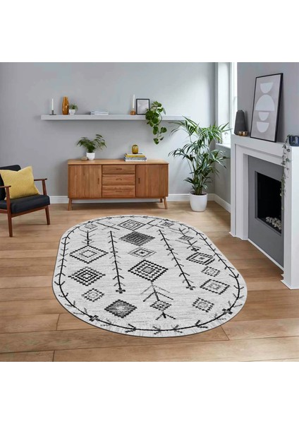 Dijital Kaymaz Yıkanabilir Oval Iskandinav Desen Yolluk Salon Halısı, V-O-Iskandinav-11-Gri,