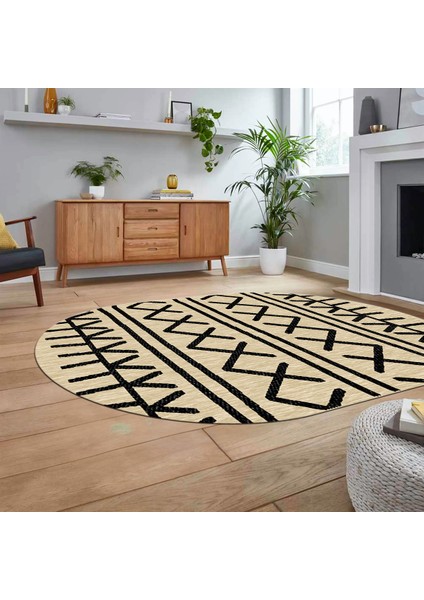 Dijital Kaymaz Yıkanabilir Oval Iskandinav Desen Yolluk Salon Halısı, V-O-Iskandinav-28-Bej,