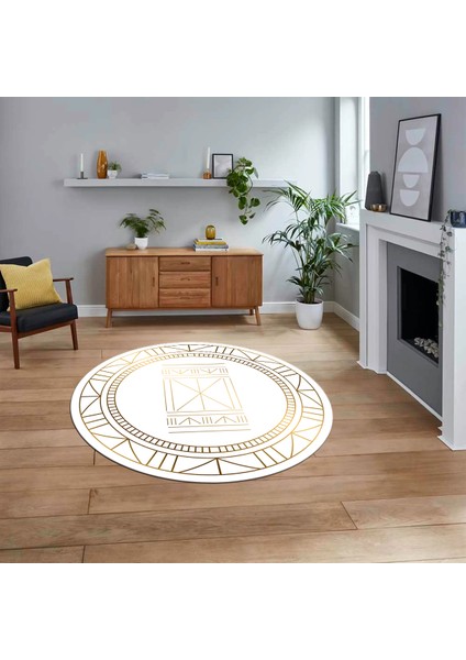 Dijital Kaymaz Yıkanabilir Yuvarlak Iskandinav Desen Salon Halısı, V-Y-Iskandinav-09-Gold,