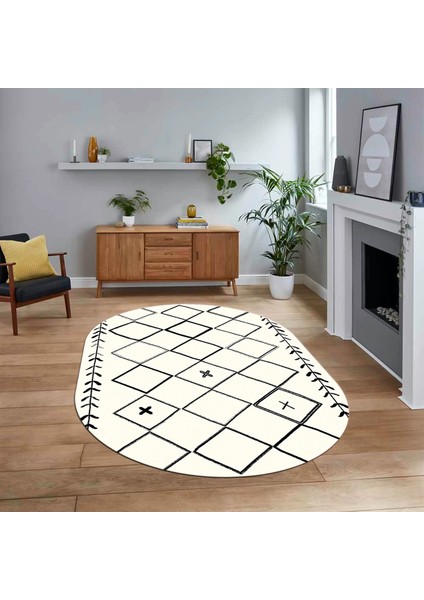 Dijital Kaymaz Yıkanabilir Oval Iskandinav Desen Yolluk Salon Halısı, V-O-Iskandinav-18-Siyah,
