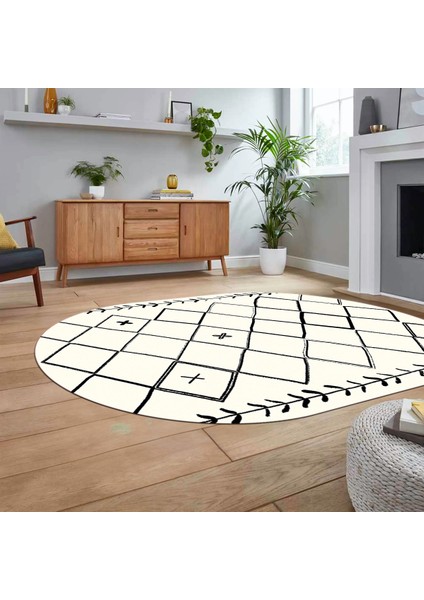 Dijital Kaymaz Yıkanabilir Oval Iskandinav Desen Yolluk Salon Halısı, V-O-Iskandinav-18-Siyah,