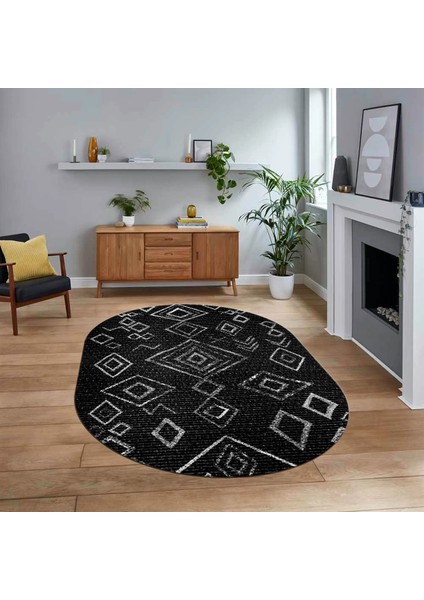 Dijital Kaymaz Yıkanabilir Oval Iskandinav Desen Yolluk Salon Halısı, V-O-Iskandinav-29-Antrasit,