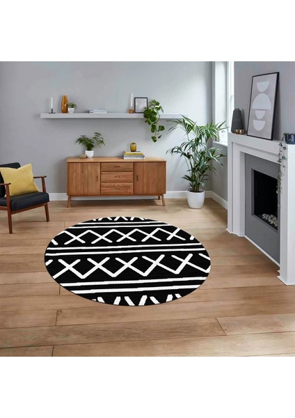 Dijital Kaymaz Yıkanabilir Yuvarlak Iskandinav Desen Salon Halısı, V-Y-Iskandinav-28-Siyah,