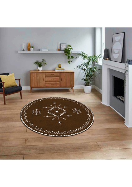 Dijital Kaymaz Yıkanabilir Yuvarlak Iskandinav Desen Salon Halısı, V-Y-Iskandinav-08-Kahve,